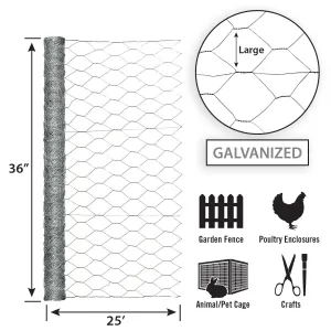 36in x 25ft Galvanized Chicken Wire with 2in Openings