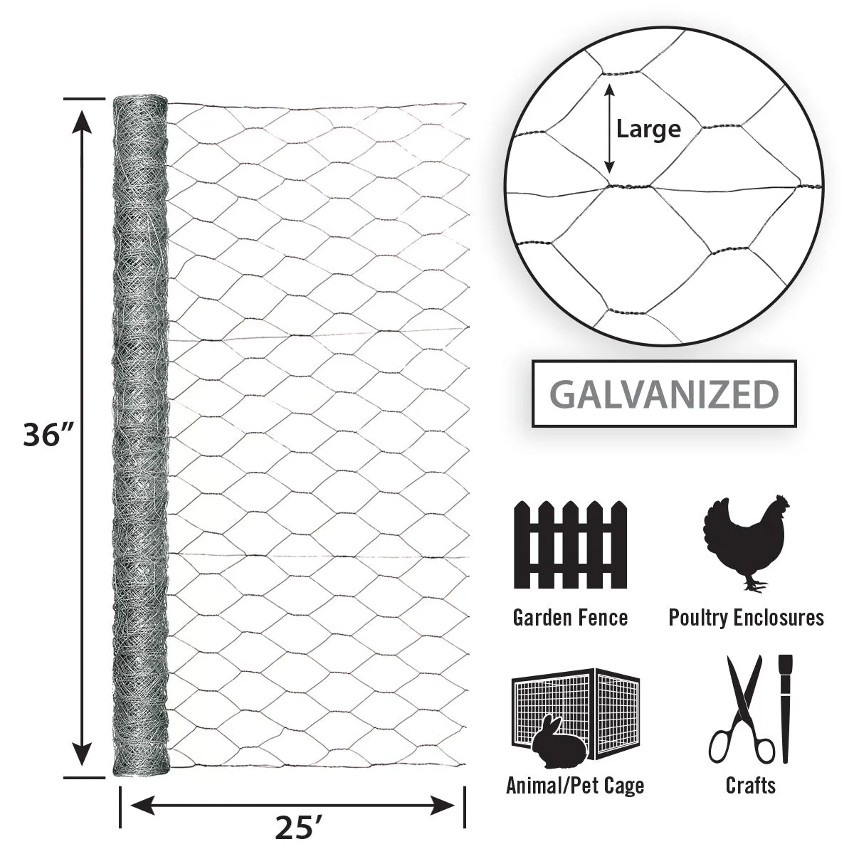 36in x 25ft Galvanized Chicken Wire with 2in Openings