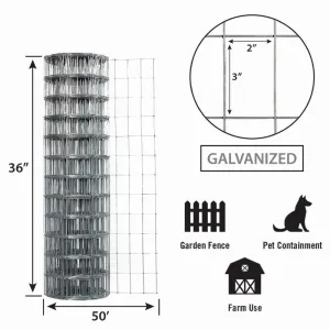 36in x 50ft Galvanized Garden Fence with 2in x 3in Openings