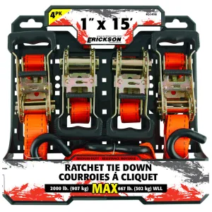 4 PK 1″ x 15′  2000 lb Ratcheting Tie-Downs