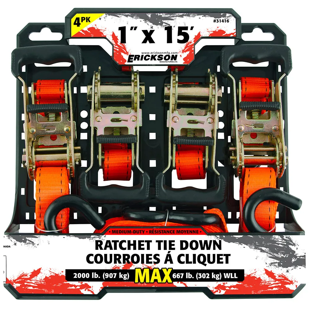 4 PK 1″ x 15′  2000 lb Ratcheting Tie-Downs