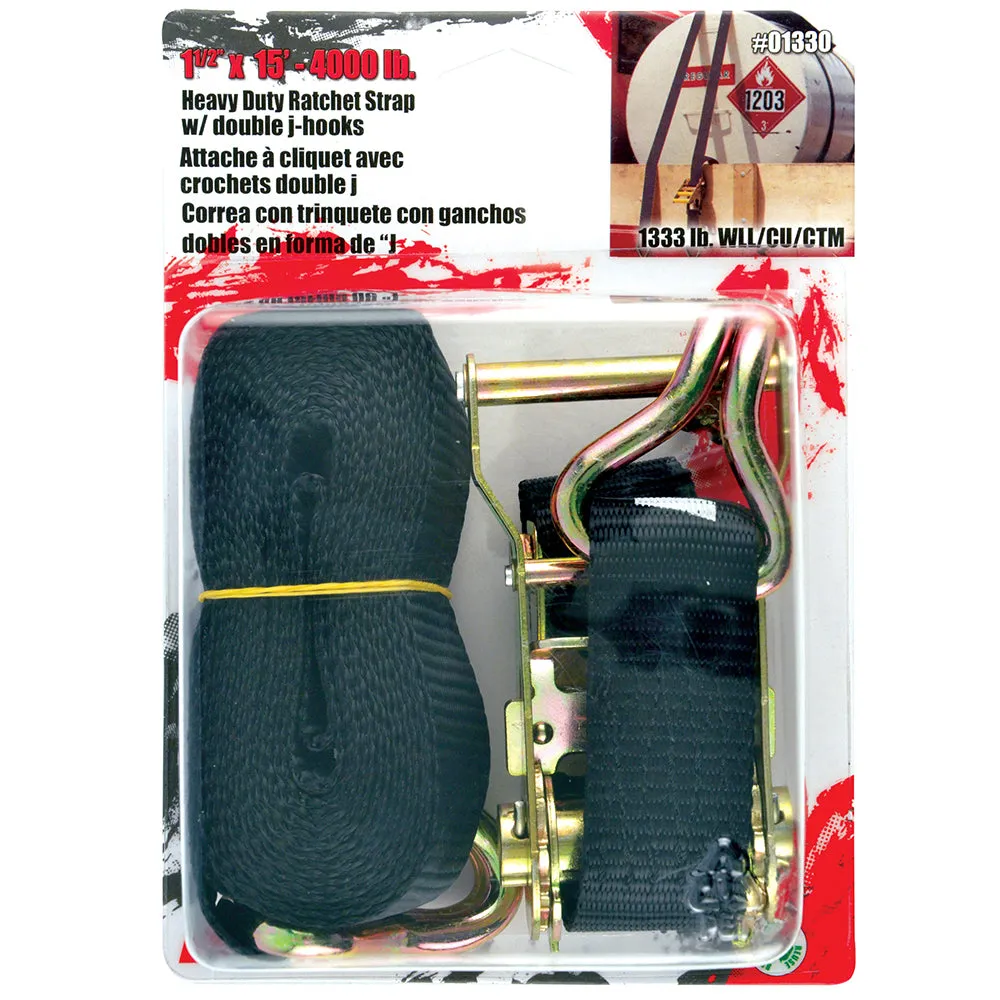 4.000 lb Ratchet Strap with Double J Hooks. 1.5in x 15ft