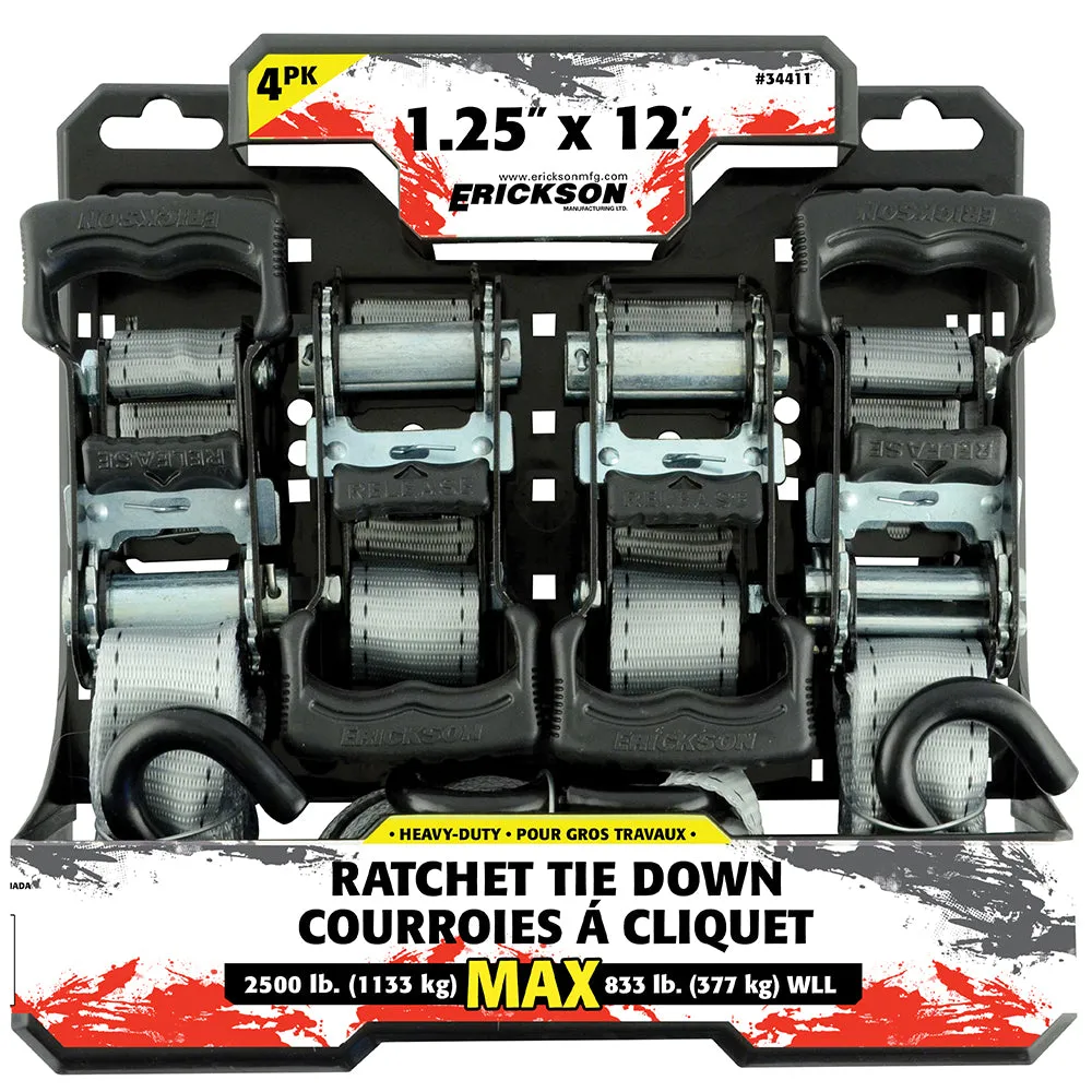 4PK 1.25″ x 12′ – 2500 lb. Ratcheting Tie-Downs