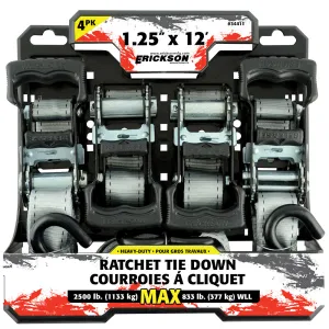 4PK 1.25″ x 12′ – 2500 lb. Ratcheting Tie-Downs