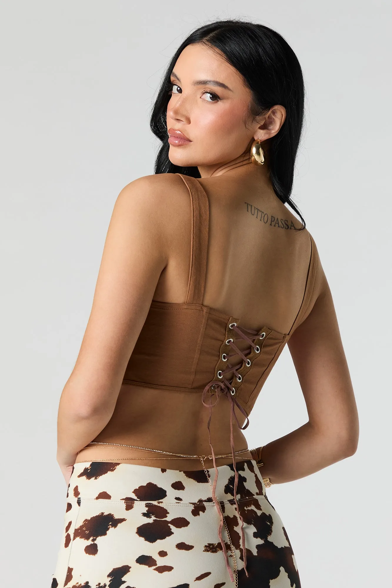 Débardeur-corset lacé à imprimé Western avec pierres du Rhin