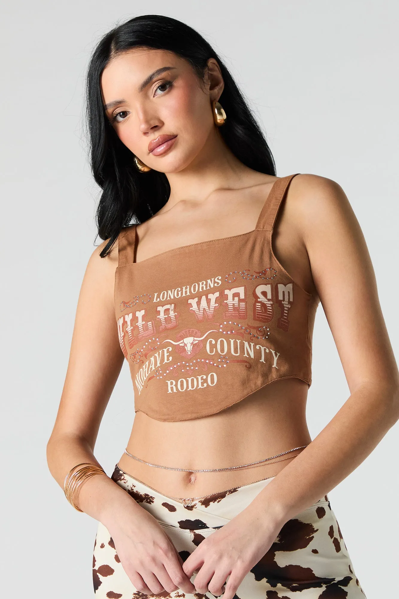 Débardeur-corset lacé à imprimé Western avec pierres du Rhin